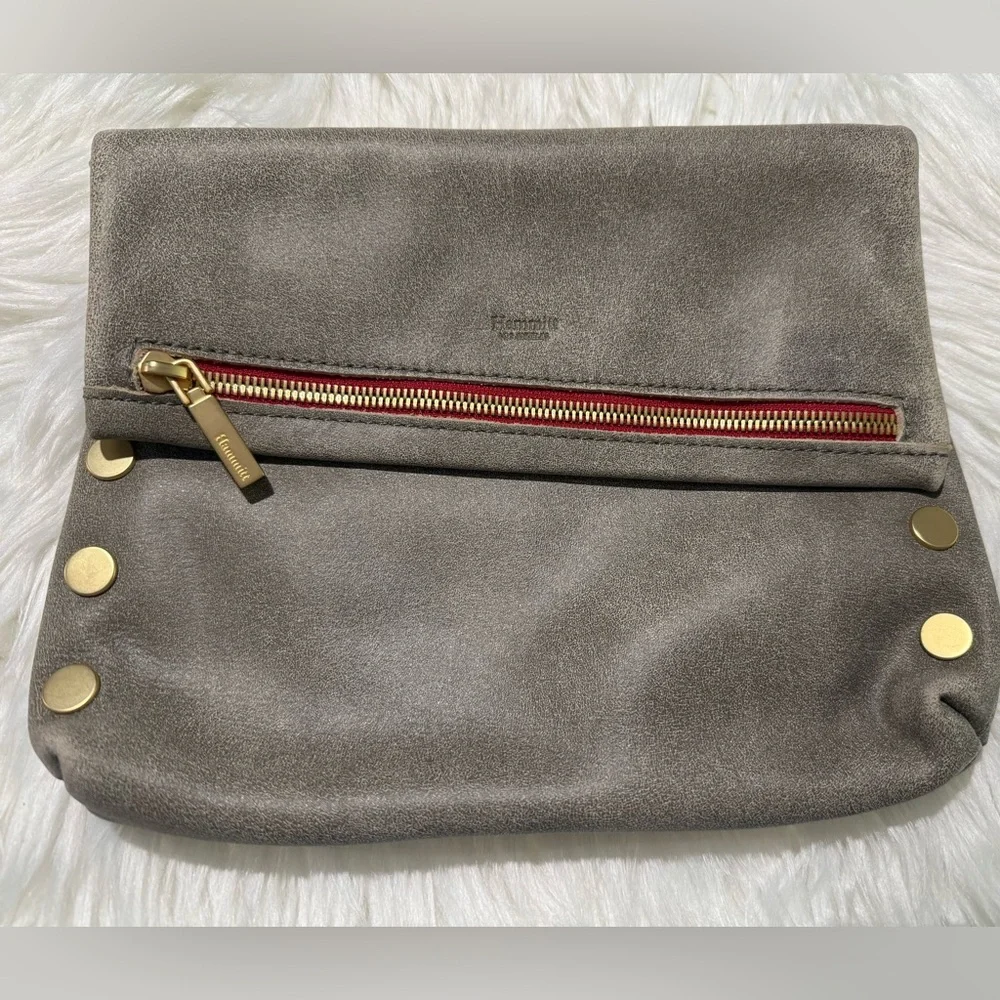 Hammitt VIP Medium Leather Clutch Crossbody Bag in Pewter Grey Red Zipper - Picture 2 of 16